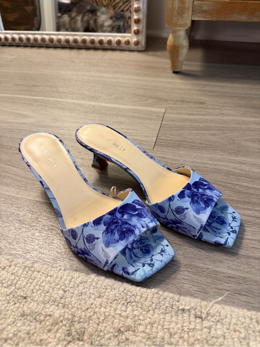 Nine West Blue Floral Open-Toe Heeled Mules